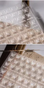 Macro detail of 3D embossed butterfly nail stickers with holographic finish and letters