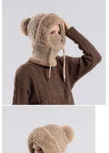 Close-up of khaki winter knit hat with faux fur trim and protective face mask detail