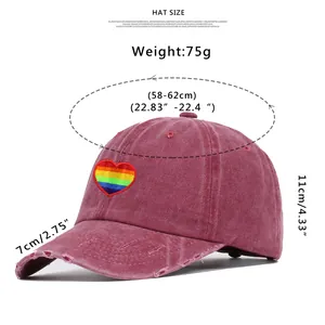 Size chart showing 58-62cm head circumference and 7cm brim for rainbow heart baseball cap