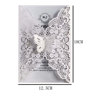 Laser cut white butterfly lace wedding invitation card with 18x12.5cm size dimensions