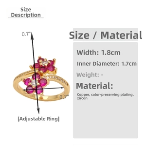 Detail view showing dimensions of adjustable gold-plated copper flower ring with pink zircons
