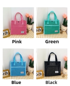 Mesh travel tote bag details shown in pink green blue and black color options