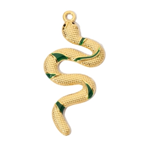 Detailed close-up of a snake pendant with green enamel and gold-plated finish