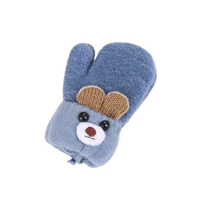 Blue knitted winter gloves for toddlers aged 0-3 with cute brown-eared bear design