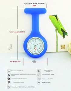 Blue silicone nurse fob watch showing detailed 28mm dial and 86mm overall dimensions