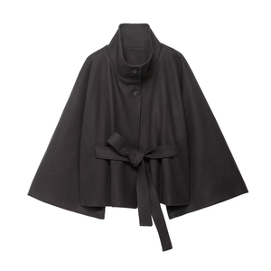 Chic black wool-feel cropped cape coat with high collar and waist belt on white background