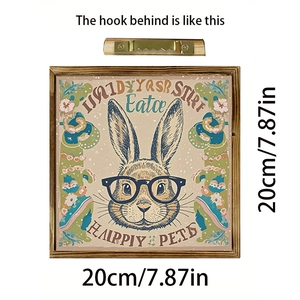 Detail of wooden Easter rabbit frame showing the metal sawtooth hanging hook and 20cm size