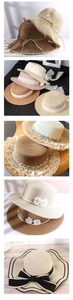 Detailed grid of straw sun hats with lace ribbons, pearls, and various woven textures