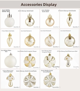 Detailed component list of gold and white Christmas ball ornaments in various shapes