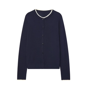 Knitted Cardigan Sweater Women Lace Trim Round Neck Long Sleeve Button Front Solid Casual Knit Tops Sweet Style