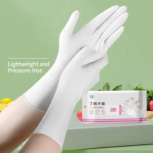 L size white nitrile gloves for kitchen cleaning, 12 pieces pack shown with fresh vegetables