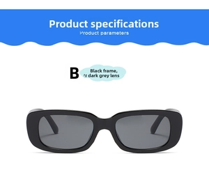 Close-up of square narrow black frame sunglasses with dark grey lenses in detail view