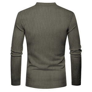 Rear view of men's slim fit long sleeve ribbed knit shirt in olive green color