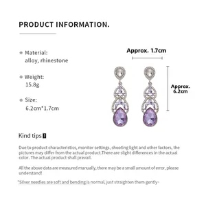 Detailed view of luxury purple teardrop earrings with dimensions 6.2cm by 1.7cm