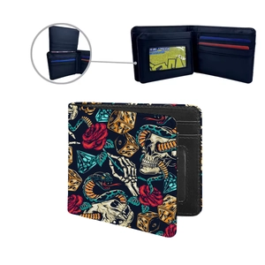 Men's bifold PU wallet featuring skull, rose and snake tattoo print on black surface