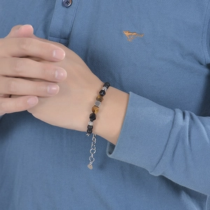 Bracciale da uomo con perline nere opache e occhio di tigre con catena in acciaio