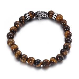Retro tiger eye stone beaded bracelet for men with silver buddha head and steel accents