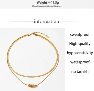 Detailed infographic showing gold double layer necklace features and waterproof durability