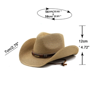 Dettaglio cappello cowboy in paglia con misure 56-58cm testa e tesa larga 7cm
