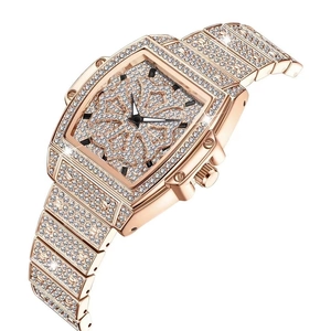 Montre Quartz Tonneau Pour Femme Luxe Entièrement Sertie De Strass Boîtier En Alliage Bracelet Acier Inoxydable Mode