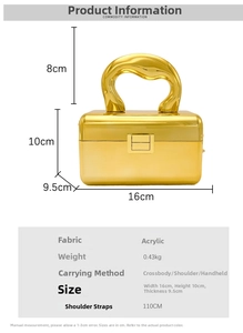 Detailed size specifications for the gold acrylic box clutch and chain crossbody bag