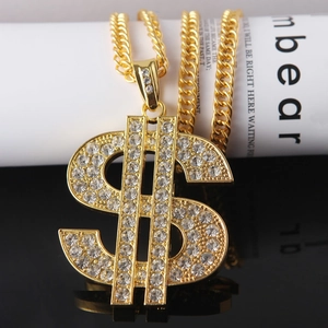 Hip Hop Dollar Sign Pendant Necklace And Ring Rhinestone Iced Out Alloy Gold Silver Color Streetwear Costume Jewelry