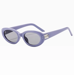Detail of vintage oval purple sunglasses with grey lenses and silver metal accents