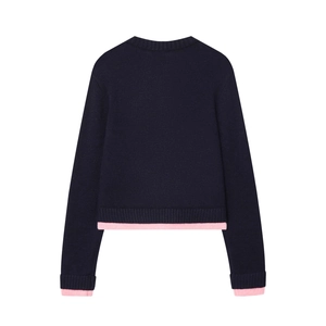 Navy knit cardigan with pink ribbed trim contrast shown in a clean flat lay view