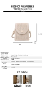 Size chart showing straw woven crossbody bag dimensions and daisy floral embroidery detail