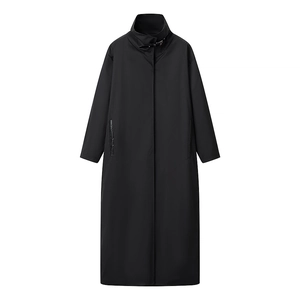 Long black trench coat with stand collar and metal buckle strap for women