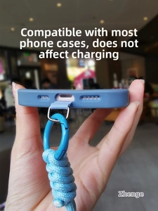 Blue woven phone lanyard patch detail showing unhindered charging port access
