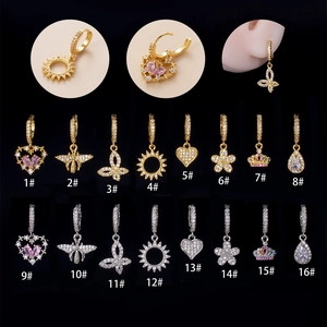 Fashion Copper Cubic Zirconia Piercing Hoop Earring Dangle Heart Butterfly Crown Flower Charm Single Jewelry For Women