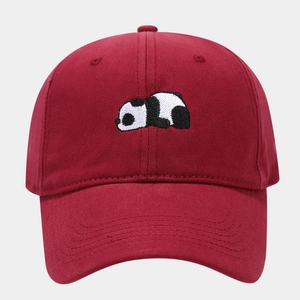Detailed embroidery of a cute panda on a dark red twill cotton baseball cap