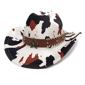 Western cow print cowboy hat with studded leather band and star metallic ornament