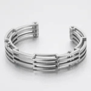 Bracciale Rigido Aperto Da Uomo Acciaio Al Titanio Multistrato Geometrico Meccanico Industriale Rock Punk Biker Stile