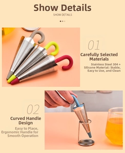 Detail showing colorful umbrella tea infusers with 304 stainless steel mesh and stand