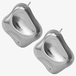 Detailed view of silver irregular geometric stud earrings with polished 304 stainless steel