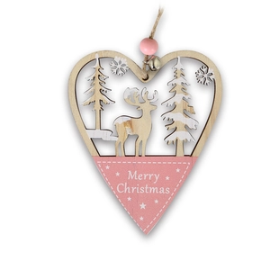 Suspension cœur de Noël en bois rose avec renne découpé, flocons et clochette