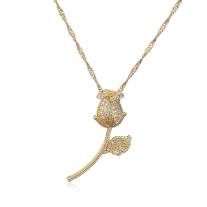 Elegant 18K gold plated rose pendant necklace with sparkling zircon pavé on white background