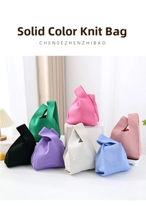 Detailed collection of minimalist knitted handbags in multiple vibrant colors on display