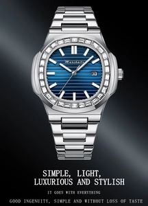 Close-up of blue sunray dial watch with silver strap and luxury square crystal bezel