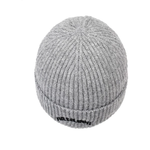 Unisex grey ribbed knit beanie hat with black embroidered letters for autumn and winter