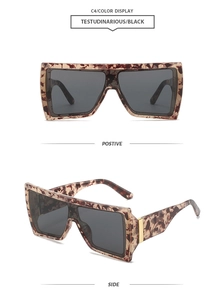 Front and side views of large square tortoise shell sunglasses with black lenses