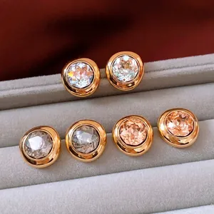 Round Crystal Stud Earrings 18K Gold Plated Copper With Silver Earring Post Vintage Simple Elegant Jewelry For Women