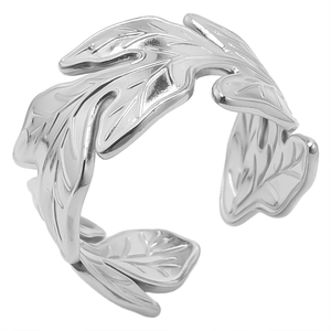 Detailed view of silver stainless steel ring with textured leaf design and open band