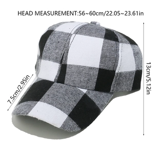 Detailed size specifications for the black and white checkered baseball cap showing dimensions