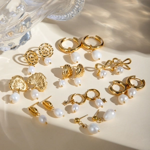 18k gold plated stainless steel ginkgo leaf and freshwater pearl earring collection