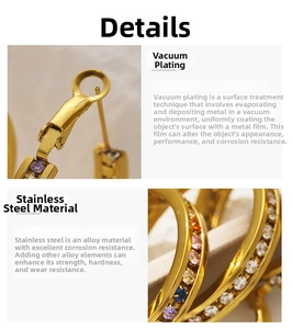 Detail view of gold stainless steel hoop earrings with micro-set multi-colored zircons