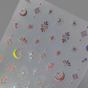 Adesivi per unghie olografici 3D con disegni bohémien di sole, luna e stelle per manicure