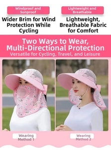 Detail of floral sun hat with wide brim and adjustable face cover for full protection